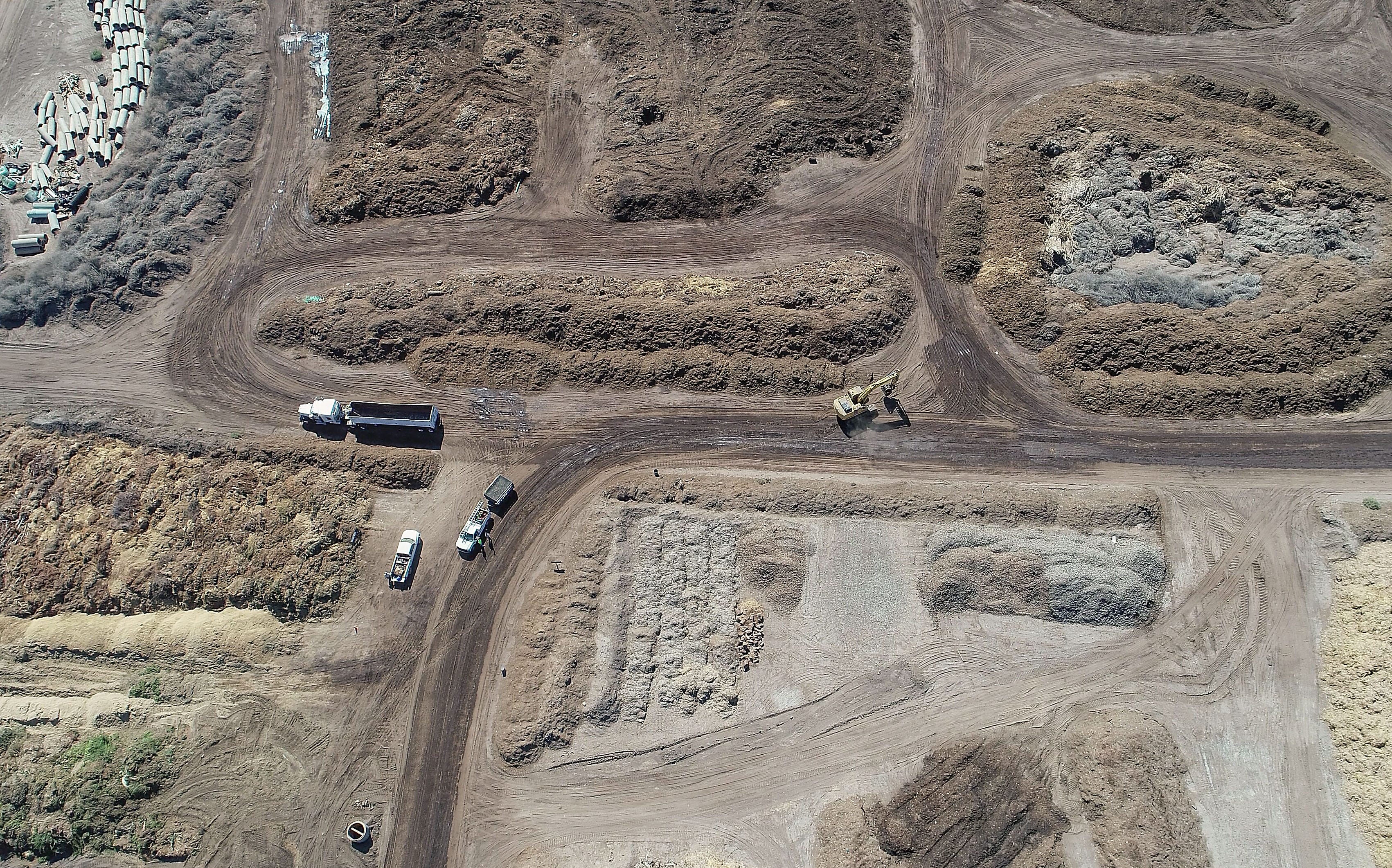 Green waste is sorted and piled at the Sun Valley Recycling and Soil Amendment Co. on the Torres Martinez Reservation in Thermal, Calif. in this aerial drone photograph, October 9, 2019.