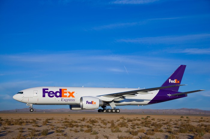 A FedEx jet on the runway