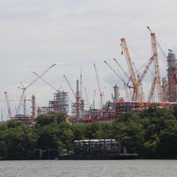 Construction of Shell’s $6 billion ethane cracker along the Ohio River in Beaver County, Pennsylvania, in June 2019. (Photo by Reid Frazier/The Allegheny Front)