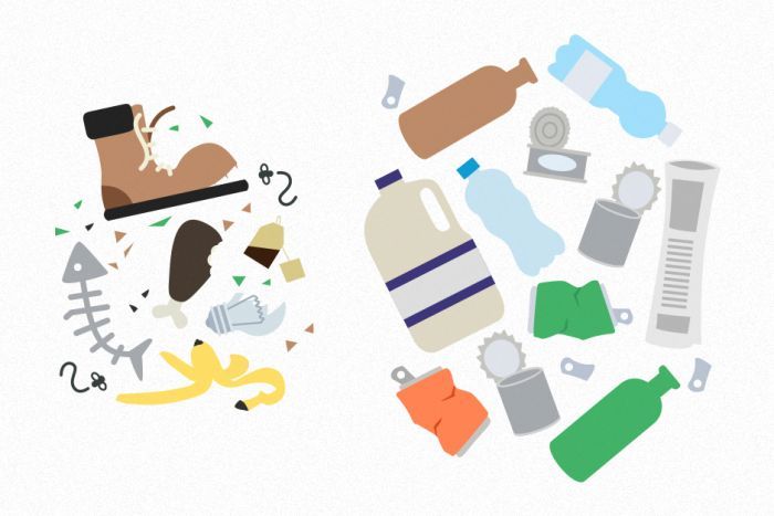 An illustrated graphic showing a smaller pile of brown rubbish and a larger pile of cleaner-looking recyclable materials.