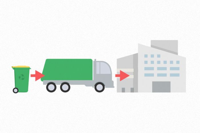 An illustrated graphic showing a yellow-lid bin, a rubbish truck and a building.