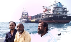 Captain Ayyappan Swaminathan, first right, with some of members of the MV Azraqmoiah cargo ship’s crew.
