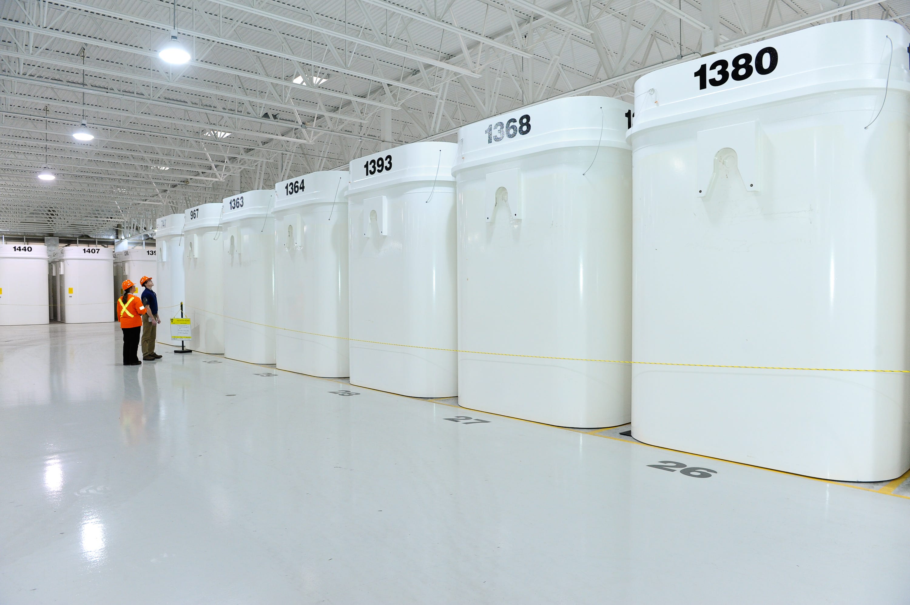 Dry storage containers of spent nuclear fuel are stored at Ontario Power Generation's Western Waste Management Facility, on the shores of Lake Huron in Kincardine, Ontario, in this May 2017 photo.