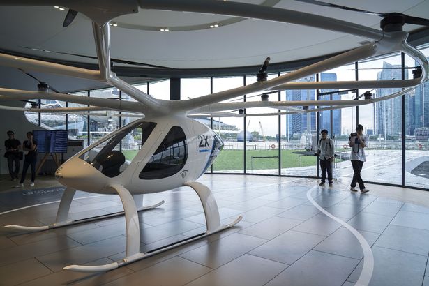 A prototype of Volocopter's 'air taxi' on display in the VoloPort building in Singapore