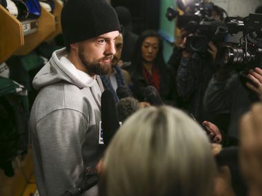 Dallas Stars left wing Jamie Benn (14) gives remarks following a press conference announcing Assistant coach Rick Bowness as the new Dallas Stars interim head coach on Tuesday, December 10, 2019 at American Airline Center in Dallas. On Tuesday Dallas Stars General manager Jim Nill announced that the team had fired head coach Jim Montgomery for “unprofessional conduct”. (Shaban Athuman/Staff Photographer)