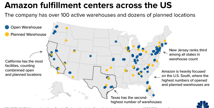 Map of Amazon warehouses