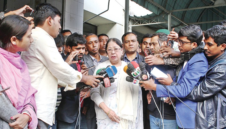 BNP chairperson Khaleda Zia’s sister Selima Islam talks to reporters after visiting her at BSMMU Hospital in Dhaka on Sunday. — New Age photo