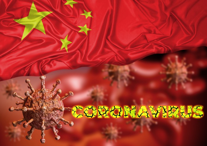 Rendering of a coronavirus with the Chinese flag in the background