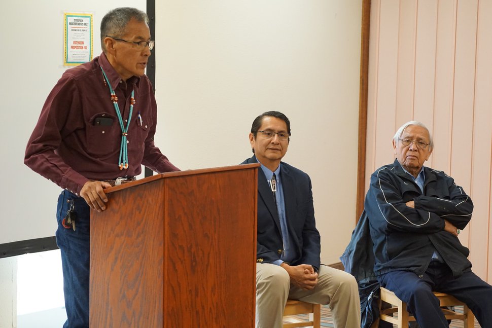 (Zak Podmore | Tribune file photo) San Juan County Commissioner Kenneth Maryboy (left) speaks to the press in Window Rock, Ariz., with Navajo Nation President Jonathan Nez and former President Peterson Zah on Oct. 29, 2019.