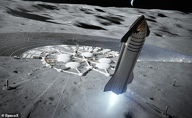 A rendering in SpaceX's user manual for Starship shows the craft taking off from what appears to be some kind of colony or base on the moon