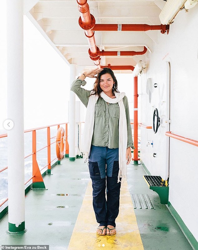 As per the local law, the group had a coronavirus test which came back negative and meant they were able to leave the ship and enter the United Arab Emirates. Pictured, Eva on the cargo ship