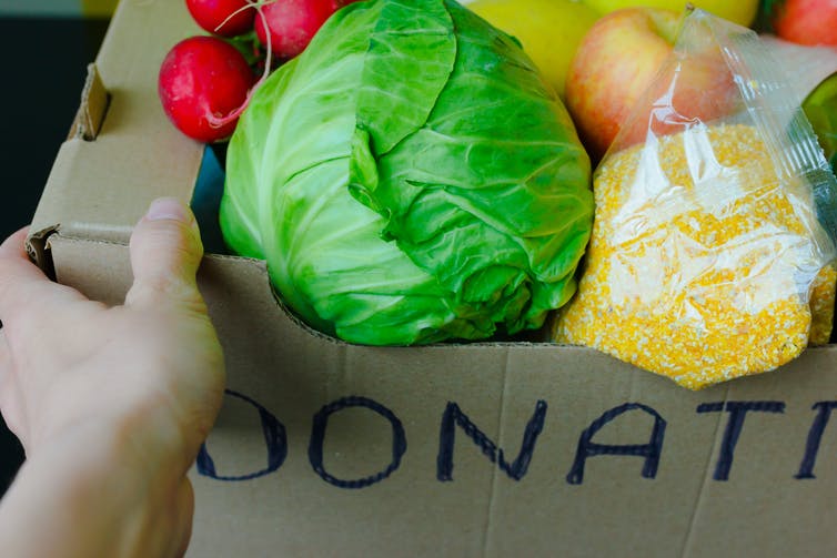 Support Food Banks During Coronavirus. COVID-19 Relief Funds and Donations. Volunteer in the Protective Medical Mask and Hand Gloves Holding Food Donation Box. Charity donations