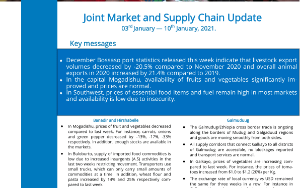 Somalia: Joint Market and Supply Chain Update, 03rd January — 10th January, 2021 – Somalia – ReliefWeb