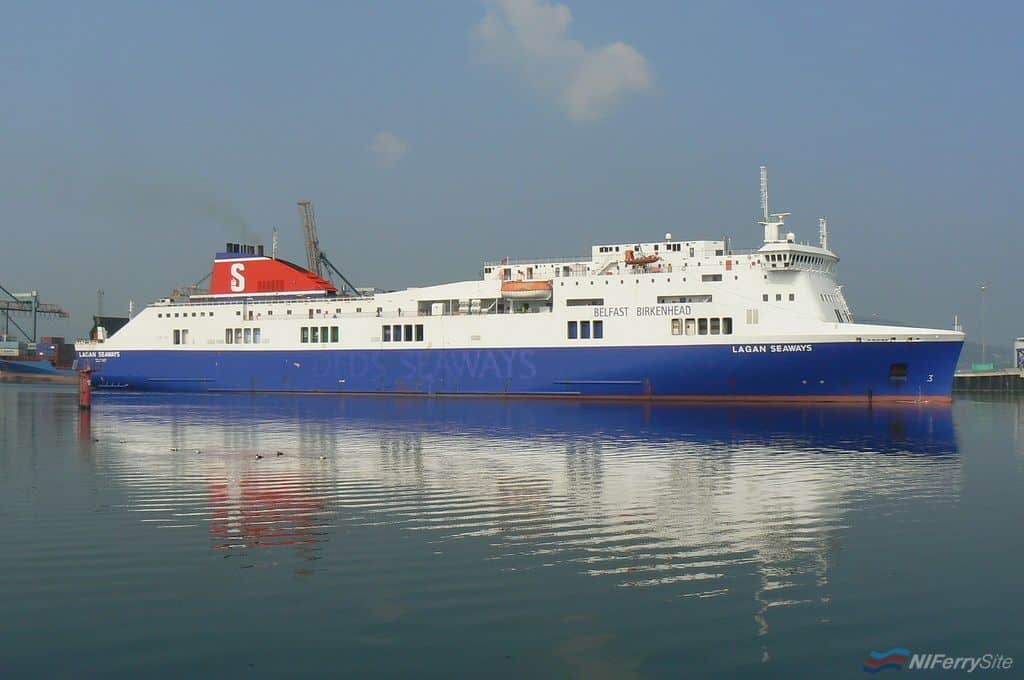 LAGAN SEAWAYS sets out on her daytime sailing to Birkenhead on April 19th, 2011. The DFDS name has been hastily painted out on her hull and her funnel repainted in Stena Line colours. She was repainted in full Stena Line livery and renamed in August, almost a year after her previous repaint and renaming. Copyright © Scott Mackey.