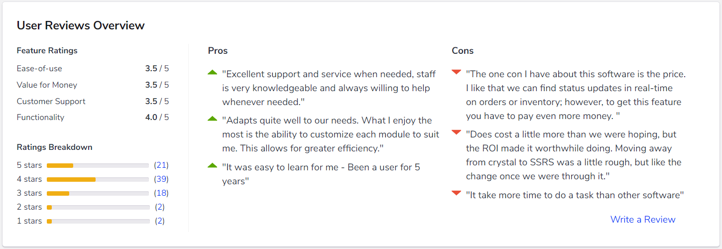 snapshot of user reviews for epicor erp software in software advice's catalog