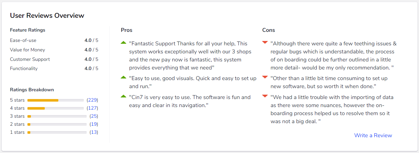 snapshot of user reviews for cin7 in software advice's catalog