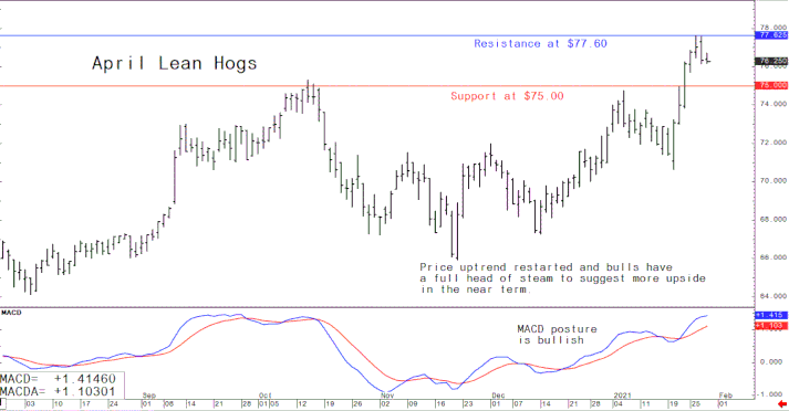 Chart showing the trajectory of US April lean hog futures