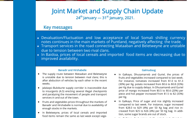 Somalia: Joint Market and Supply Chain Update, 24th – 31st January, 2021 – Somalia – ReliefWeb
