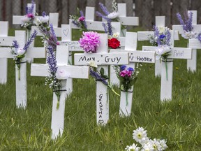 TORONTO, ONTARIO: MAY 11, 2020—PANDEMIC—Crosses placed at the Camilla Care Community long-term care facility where fifty people have died of Covid 19, Monday May 11, 2020.[Peter J Thompson] [For National story by TBA/National]