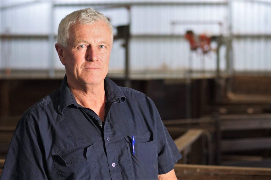An older man with grey hair sitting in a large shed.