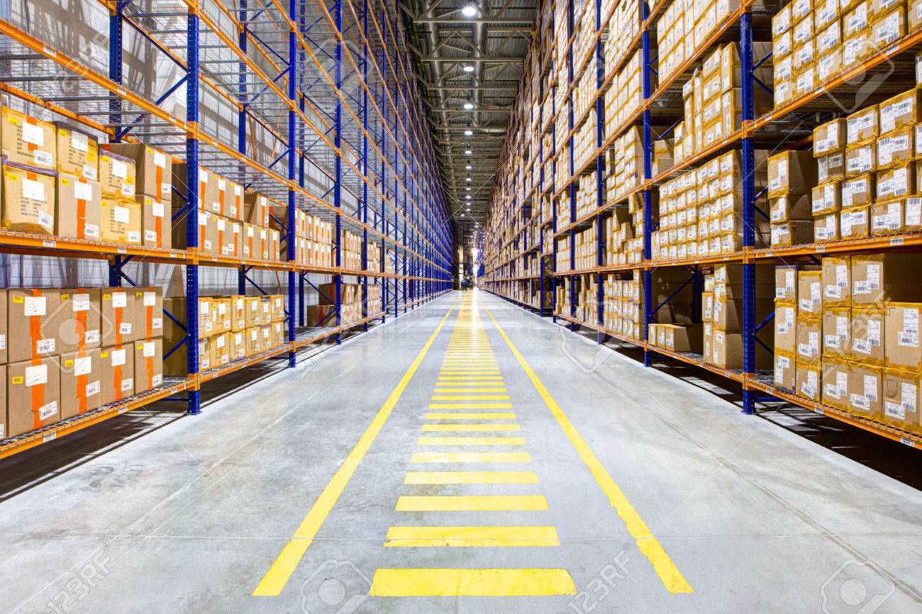 Rows Of Shelves With Boxes In Modern Warehouse Stock Photo, Picture And Royalty Free Image. Image 55748048.