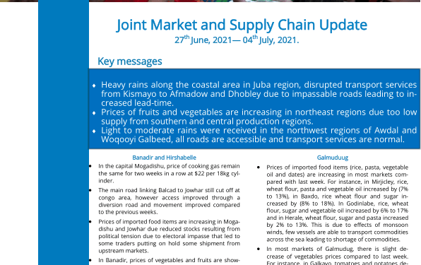 Somalia: Joint Market and Supply Chain Update, 27th June, 2021— 04th July, 2021 – Somalia